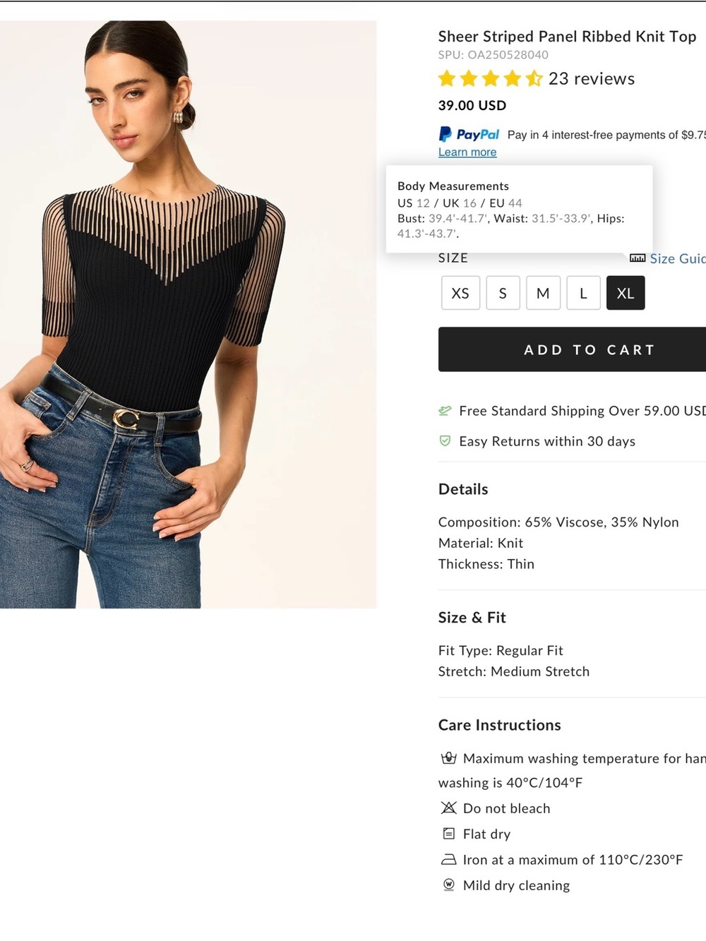 Commense Sheer Striped Panel Ribbed Ribbed Knit Top - Black - XL - Picture 2 of 7